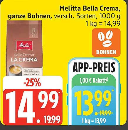 Melitta Bella Crema, ganze Bohnen, verschiedene Sorten, 1000 g