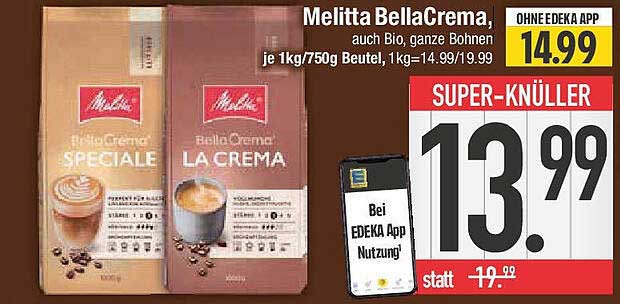 Melitta BellaCrema – auch Bio, ganze Bohnen, 1kg/750g Beutel