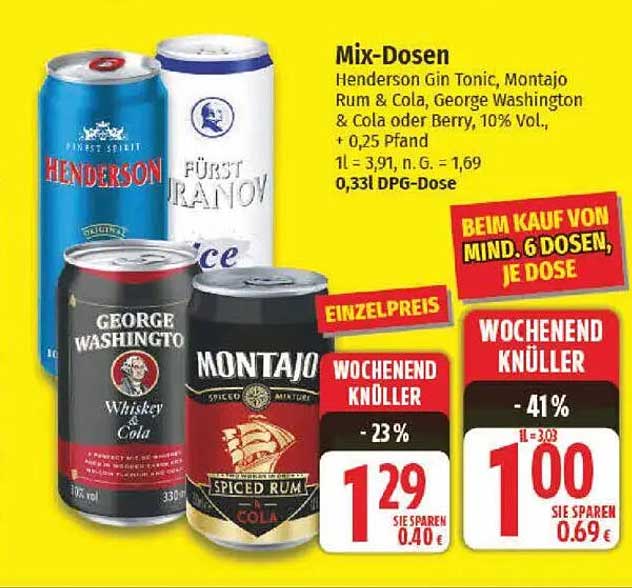 Mix-Dosen: Henderson Gin Tonic, Montajo Rum & Cola, George Washington & Cola oder Berry