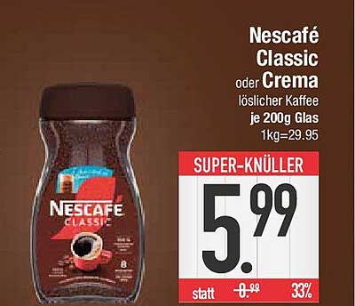 Nescafé Classic oder Crema – löslicher Kaffee je 200g Glas