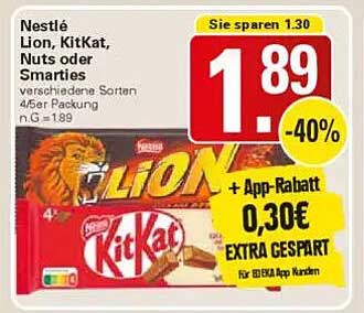 Nestlé Lion, KitKat, Nuts oder Smarties – verschiedene Sorten 4/5er Packung
