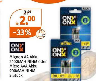 ON1 ON Mignon AA Akku 2400mAh oder Micro AAA Akku 900mAh 2 Stück