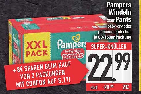 Pampers Windeln oder Pants baby-dry oder premium protection je 68-150er Packung