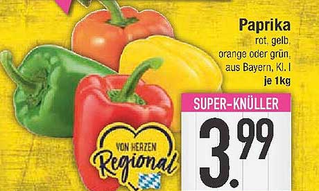 Paprika rot, gelb, orange oder grün aus Bayern, K. I. je 1 kg
