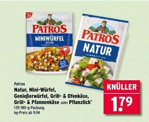 Patros Natur, Mini-Würfel, Genießerwürfel, Grill- & Ofenkäse, Grill- & Pfannenkäse oder Pflanzlich