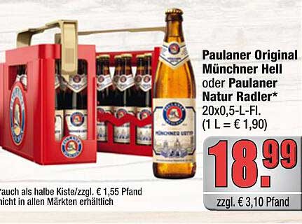 Paulaner Original Münchner Hell oder Paulaner Natur Radler - 20x0,5-L-Fl.