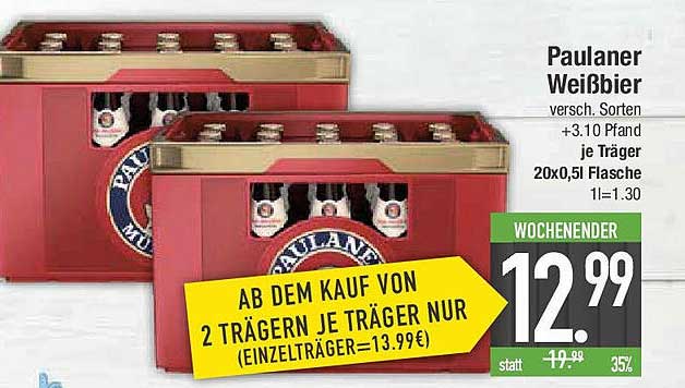 Paulaner Weißbier 20x0,5l Träger - nur 12,99 € ab 2 Trägern