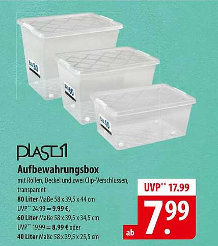 PLAST11 Aufbewahrungsbox mit Rollen, Deckel und zwei Clip-Verschlüssen, transparent