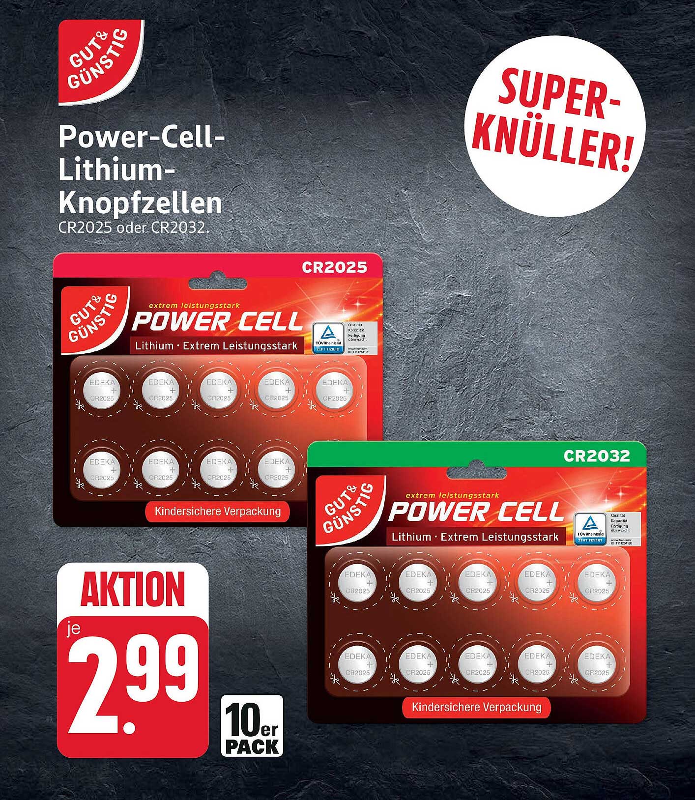 Power-Cell-Lithium-Knopfzellen (CR2025 oder CR2032) - 10er Pack