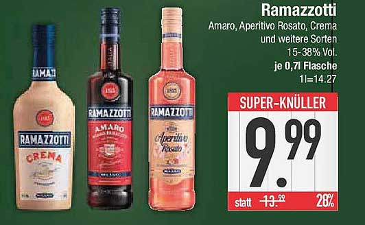 Ramazzotti Amaro, Aperitivo Rosato, Crema und weitere Sorten 0,7L