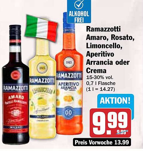 Ramazzotti Amaro, Rosato, Limoncello, Aperitivo Arrancia oder Crema