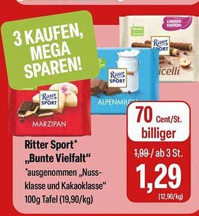 Ritter Sport "Bunte Vielfalt" - 100g Tafel zum Sparpreis