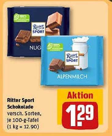 Ritter Sport Schokolade, verschiedene Sorten, je 100-g-Tafel