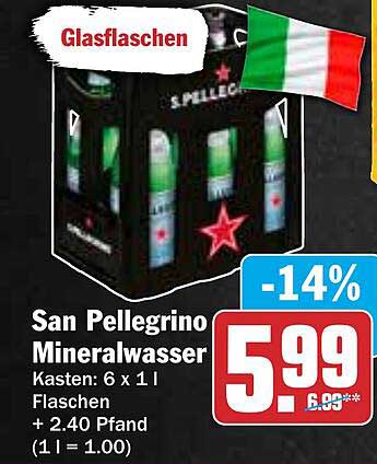 San Pellegrino Mineralwasser Kasten: 6 x 1 l Flaschen