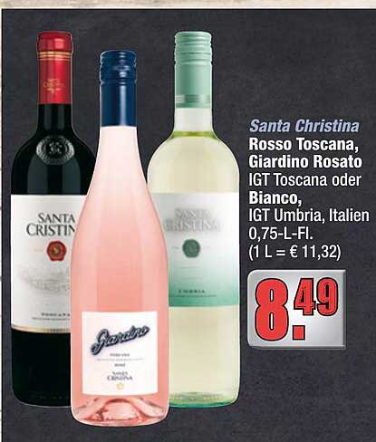 Santa Christina Rosso Toscana, Giardino Rosato IGT Toscana oder Bianco, IGT Umbria, Italien, 0,75-L-Fl.