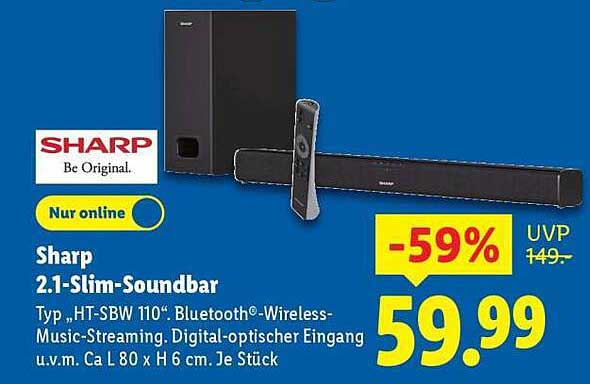 Sharp 2.1-Slim-Soundbar Typ "HT-SBW 110" mit Bluetooth®-Wireless-Music-Streaming