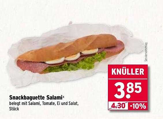 Snackbaguette Salami belegt mit Salami, Tomate, Ei und Salat, Stück