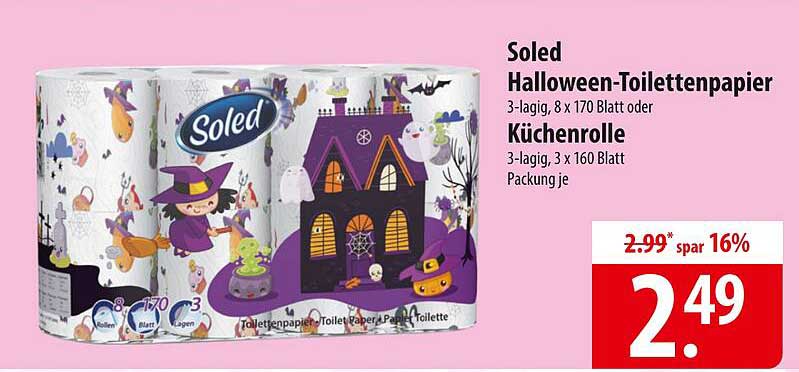Soled Halloween-Toilettenpapier 3-lagig, 8 x 170 Blatt oder Küchenrolle 3-lagig, 3 x 160 Blatt