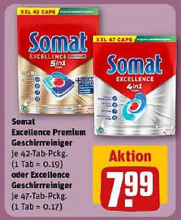Somat Excellence Premium Geschirrreiniger 42 Tab-Pckg (1 Tab = 0,19) oder Excellence Geschirrreiniger 47 Tab-Pckg (1 Tab = 0,17)