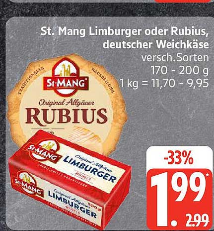 St. Mang Limburger oder Rubius, deutscher Weichkäse 170 - 200 g