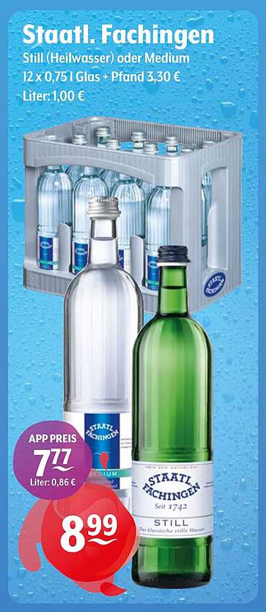 Staatsl. Fachingen Still (Heilwasser) oder Medium 12 x 0,751 Glas + Pfand 3,30 €