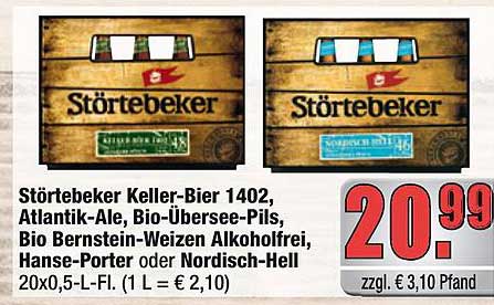 Störtebeker Keller-Bier 1402, Atlantik-Ale, Bio-Übersee-Pils, Bio Bernstein-Weizen alkoholfrei, Hanse-Porter oder Nordisch-Hell 20x0,5-L-FI.