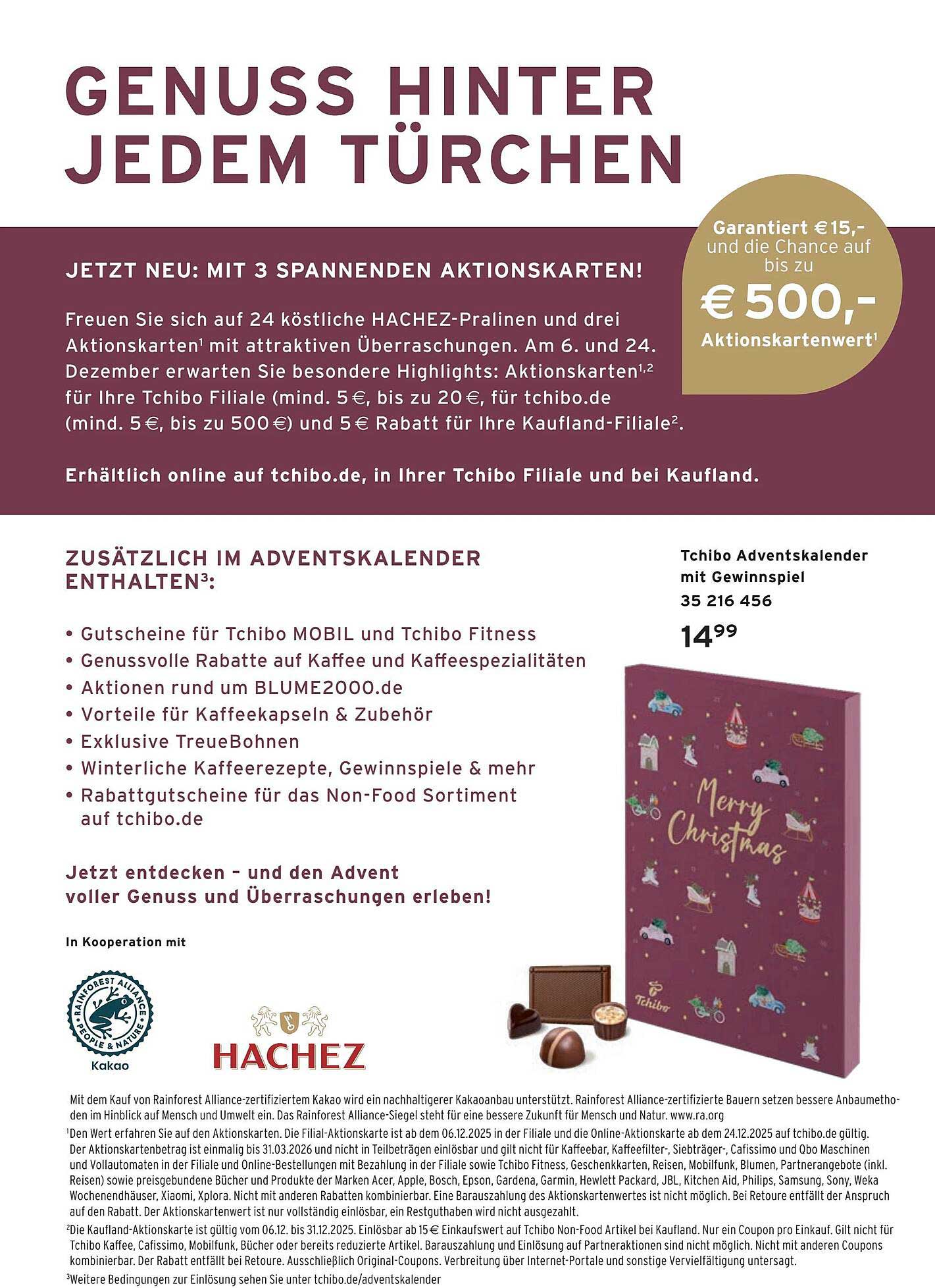 Tchibo Adventskalender mit HACHEZ-Pralinen und Aktionskarten