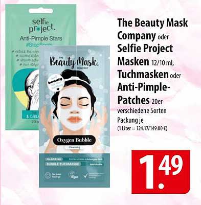The Beauty Mask Company oder Selfie Project Masken 12/10 ml, Tuchmasken oder Anti-Pimple-Patches 20er verschiedene Sorten