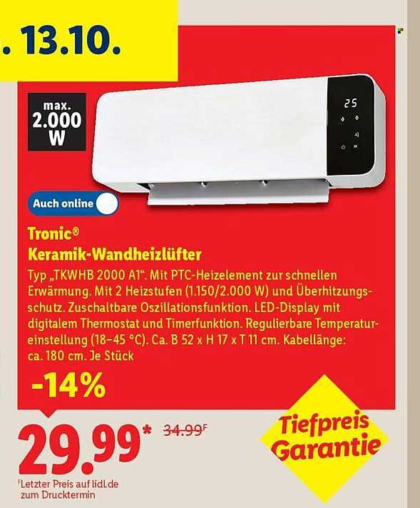 Tronic® Keramik-Wandheizlüfter Typ „TKWHB 2000 A1“