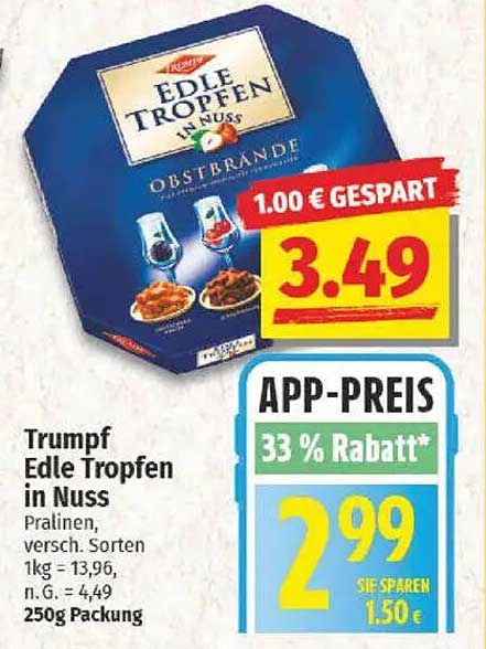 Trumpf Edle Tropfen in Nuss – Pralinen, verschiedene Sorten