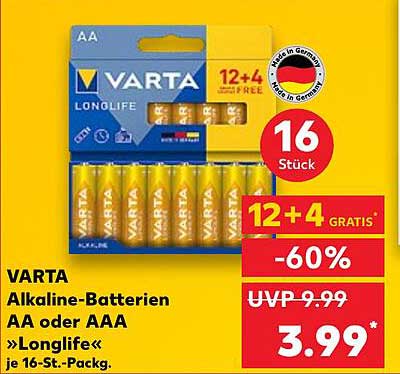 VARTA Alkaline-Batterien AA oder AAA »Longlife« - 16 Stück
