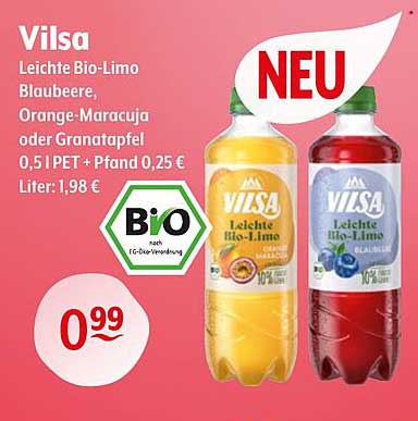 Vilsa Leichte Bio-Limo Blaubeere, Orange-Maracuja oder Granatapfel 0,51 PET