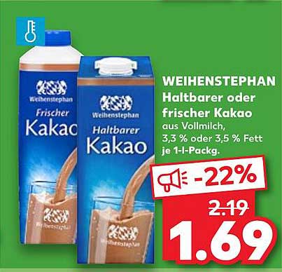 WEIHENSTEPHAN Haltbarer oder frischer Kakao aus Vollmilch, 3,3 % oder 3,5 % Fett je 1-l-Pack