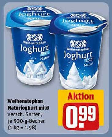 Weihenstephan Naturjoghurt mild, verschiedene Sorten, je 500-g-Becher (1 kg = 1,98)