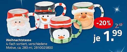 Weihnachtstasse 4-fach sortiert, verschiedene Motive, ca. 280 ml