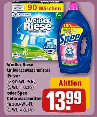 Weißer Riese Universalwaschmittel Pulver 90 WL oder Spee Colorwaschmittel 100 WL