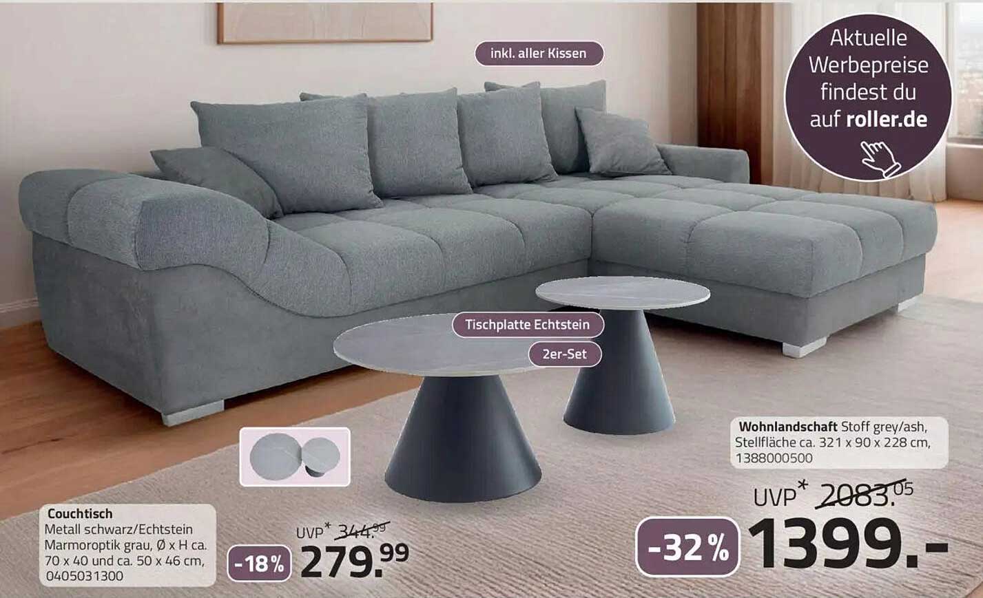 Wohnlandschaft Stoff grey/ash inkl. aller Kissen und Tischplatte Echtstein 2er-Set