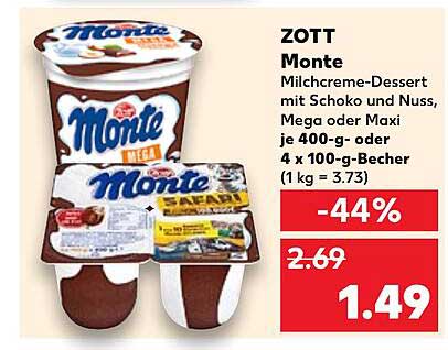 ZOTT Monte Milchcreme-Dessert mit Schoko und Nuss, Mega oder Maxi 4 x 100-g-Becher