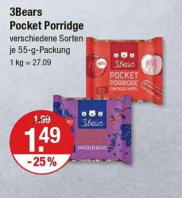 3Bears Pocket Porridge verschiedene Sorten je 55-g-Packung
