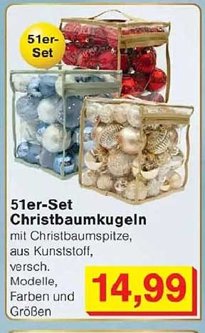 51er-Set Christbaumkugeln mit Christbaumspitze, aus Kunststoff, verschieden Modelle, Farben und Größen