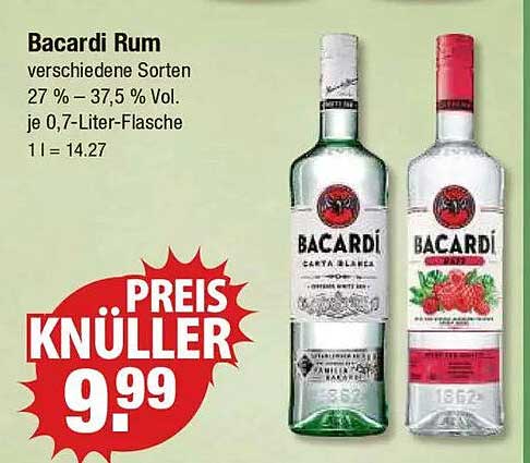 Bacardi Rum - verschiedene Sorten (27 % - 37,5 % Vol.) je 0,7-Liter-Flasche