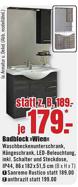 Badblock »Wien« Waschbeckenunterschrank, Hängeschrank, LED-Beleuchtung, inkl. Schalter und Steckdose