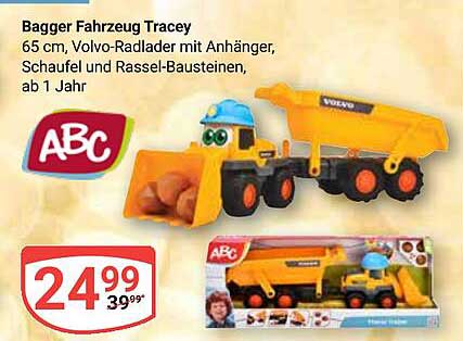 Bagger Fahrzeug Tracey - Volvo-Radlader mit Anhänger und Rassel-Bausteinen