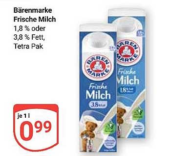 Bärenmarke Frische Milch 1,8 % oder 3,8 % Fett, Tetra Pak