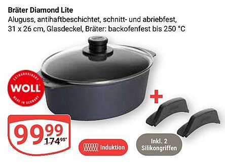 Bräter Diamond Lite - 31 x 26 cm mit Glasdeckel und 2 Silikongriffen