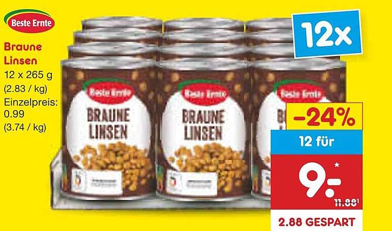 Braune Linsen 12 x 265 g - Beste Ernte