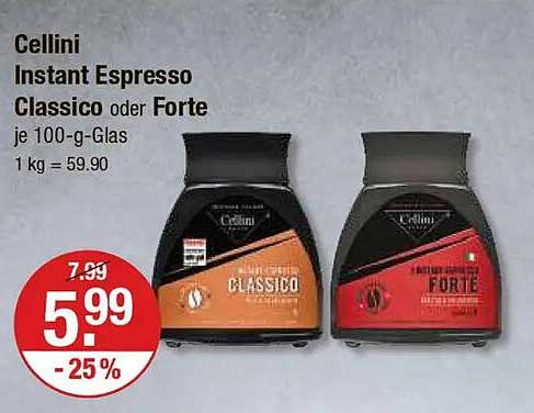 Cellini Instant Espresso Classico oder Forte je 100-g-Glas