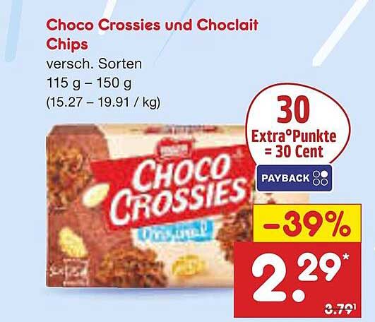 Choco Crossies und Choclit Chips, verschiedene Sorten