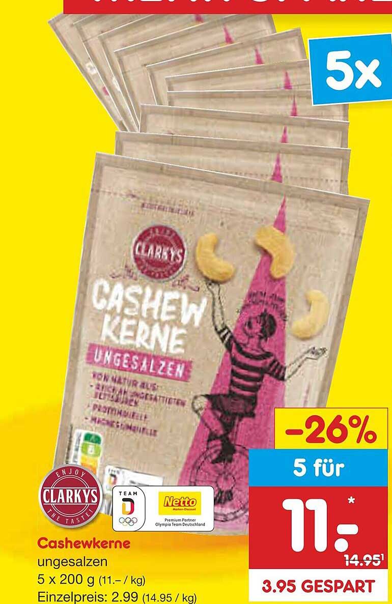 Clarkys Cashewkerne ungesalzen 5 x 200 g
