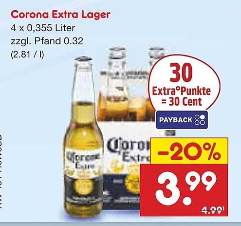Corona Extra Lager 4 x 0,355 Liter zzgl. Pfand 0,32 €